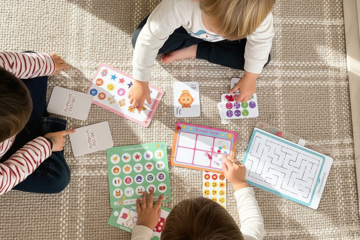 Kids playing with Lexora Learning flashcards and activity sheets - Previous Month Edition